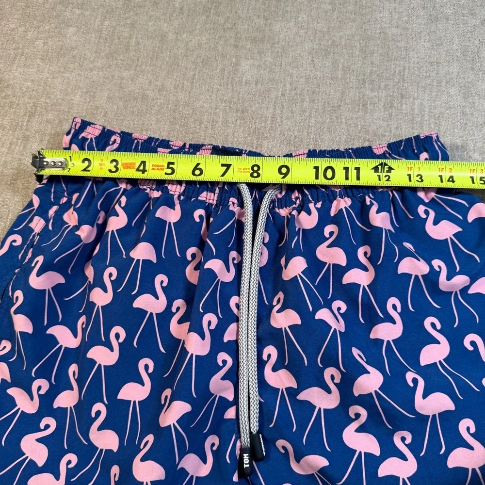 Tom & Teddy Men Swim Trunks Shorts w/Liner Sz M Blue Pink Flamingos 5.5